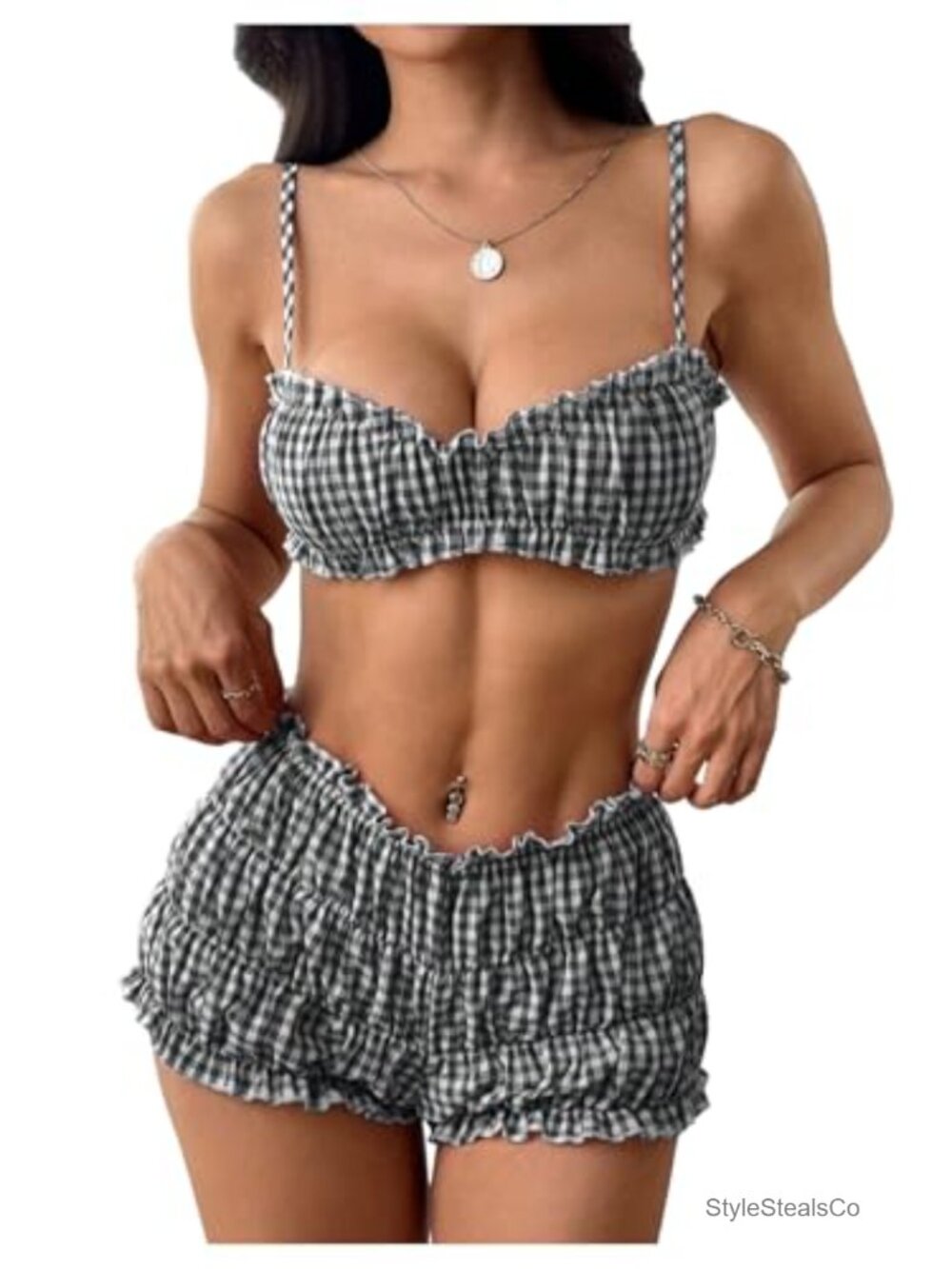 SOLY HUX Women's Summer 2 Piece Short Set Spaghetti Strap Cami & Gingham Shorts